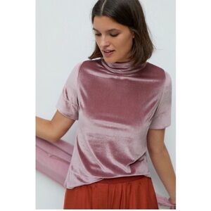 Anthropologie Krishna Crushed Velvet Mock Neck Blouse Preppy Dusty Rose Small